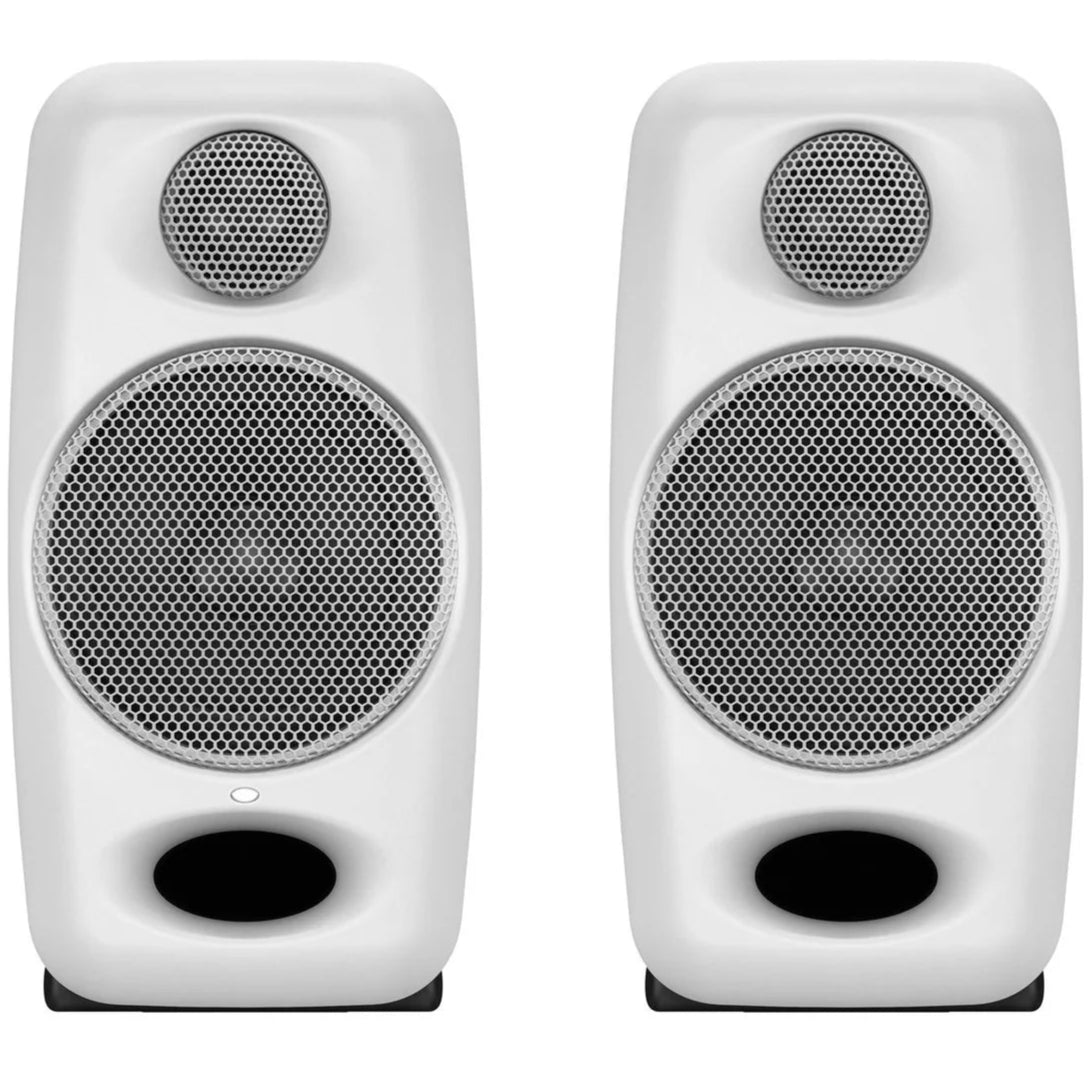 IK Multimedia iLoud Micro desktop speakers showing compact design with black enclosures and control knobs.