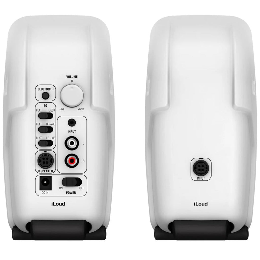 IK Multimedia iLoud Micro Monitors desktop speakers in white, compact design with dual speaker drivers and audio controls.