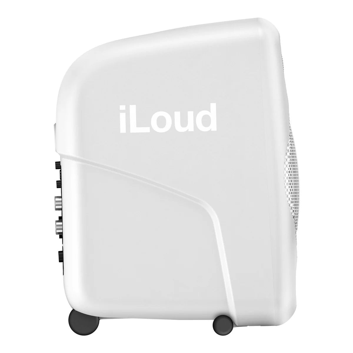 IK Multimedia iLoud Micro desktop speakers shown in white, compact and professional audio monitors for desktop use.