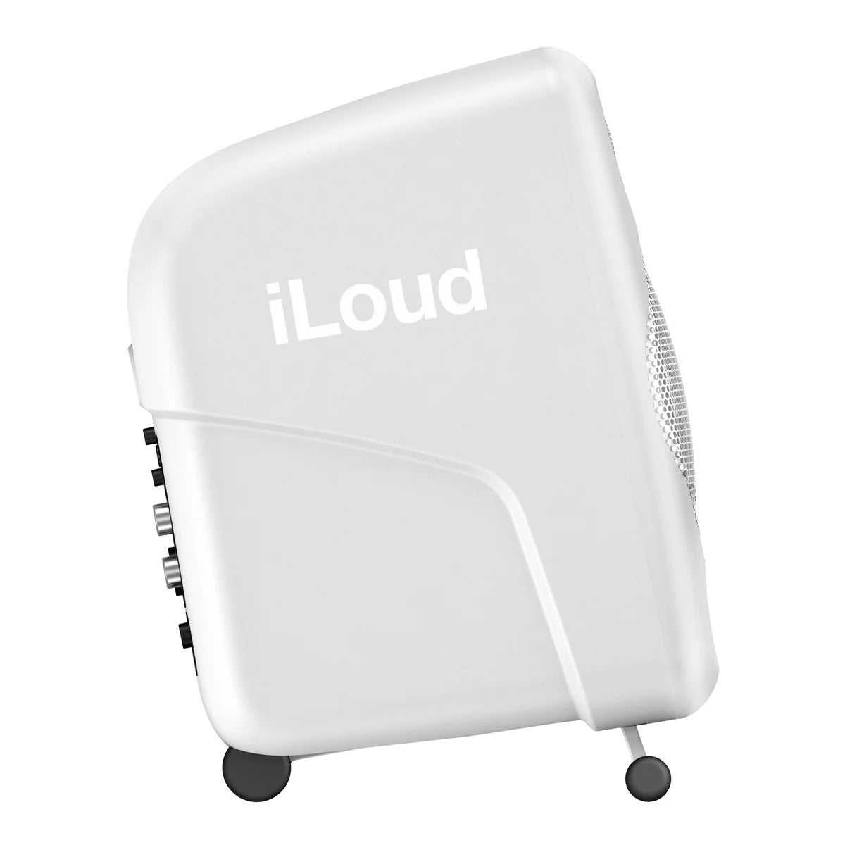 IK Multimedia iLoud Micro Monitors desktop speakers shown in white, compact design with speaker grille and control knobs visible.