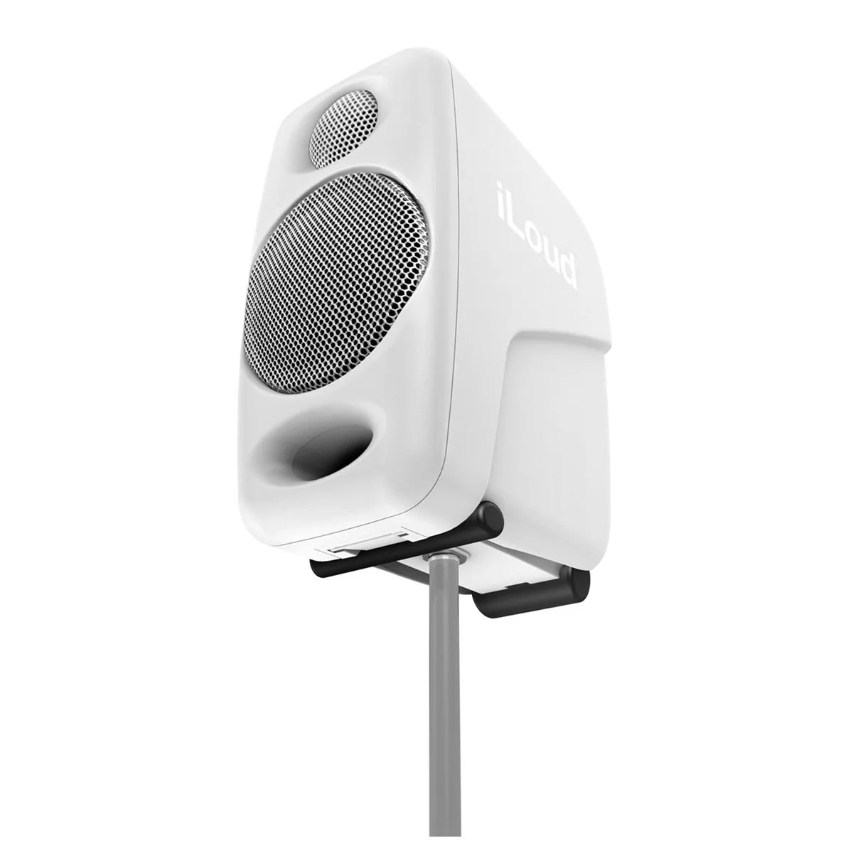 IK Multimedia iLoud Micro Monitors desktop speakers, compact white studio monitors for high-quality audio playback.