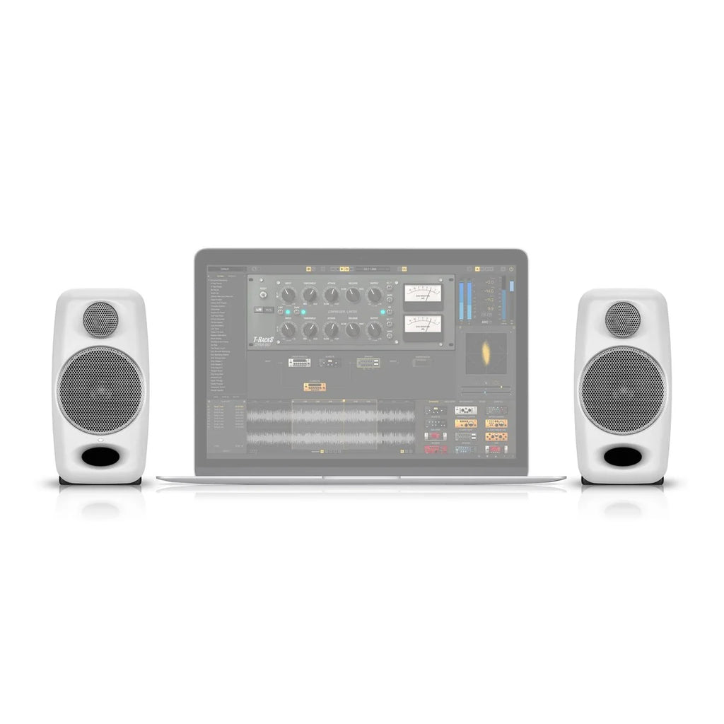 IK Multimedia iLoud Micro Monitors desktop speakers in white, compact design with dual drivers for clear audio.