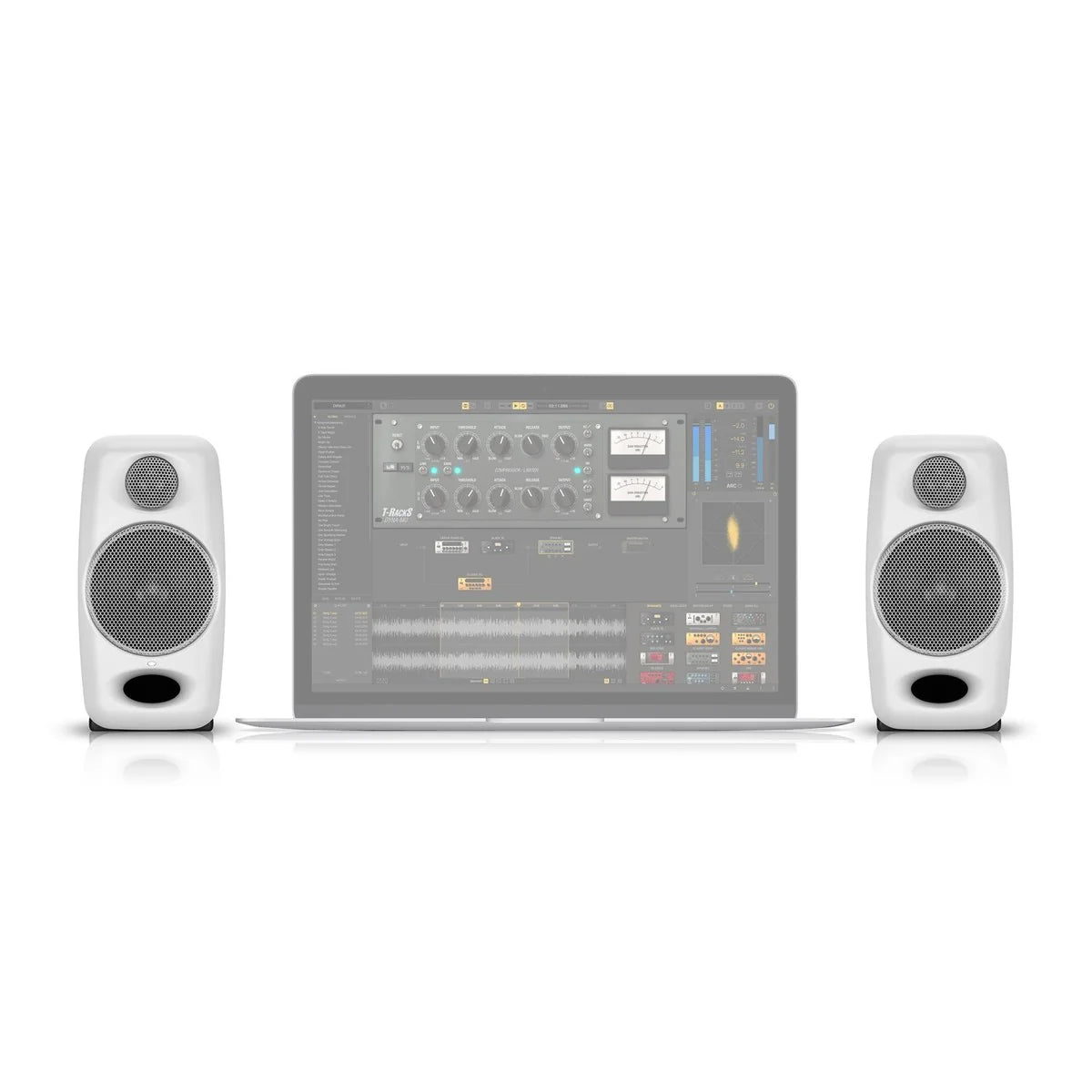 IK Multimedia iLoud Micro Monitors desktop speakers in white, compact design with dual drivers for clear audio.