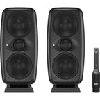IK Multimedia iLoud MTM MK2 active nearfield monitors shown with sleek black cabinets and front-firing bass ports.