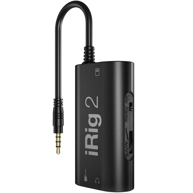 IK Multimedia iRig 2 audio interface with input and output ports for guitar and mobile device connection, shown in the image.