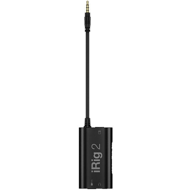 IK Multimedia iRig 2 audio interface with guitar input and output jacks, compact black design for mobile music recording.