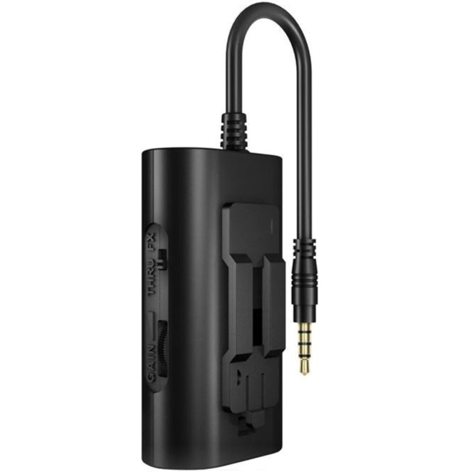 IK Multimedia iRig 2 audio interface showing input and output jacks on a compact black device.