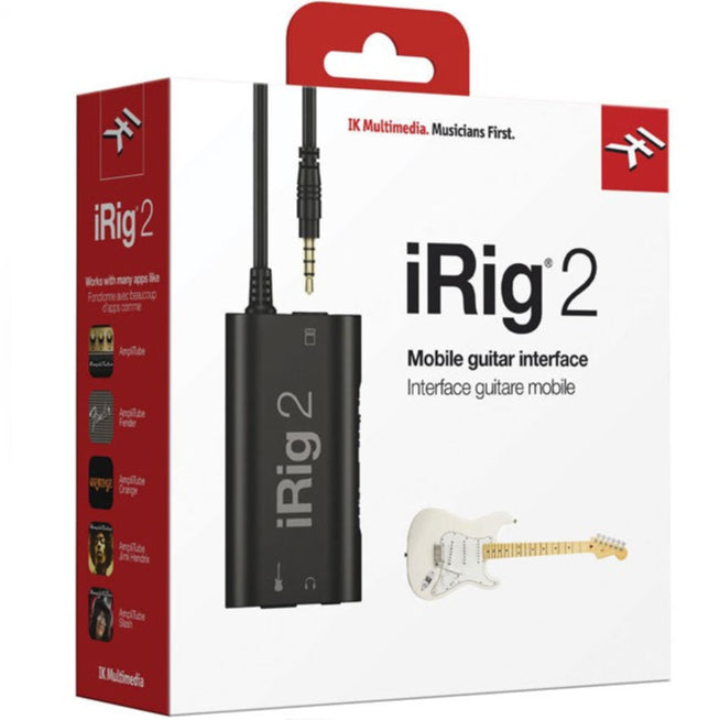 IK Multimedia iRig 2 audio interface with guitar input and headphone output, compact and portable for music recording.