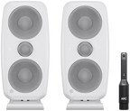 Pair of IK Multimedia iLoud MTM MK2 active nearfield monitors in white with sleek design and front-facing controls.