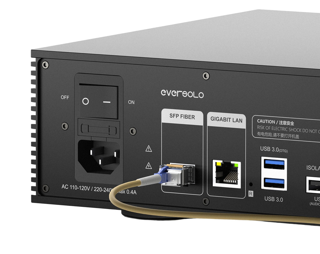 Eversolo T8 music streamer showing front panel with digital display and control buttons on a sleek black device.