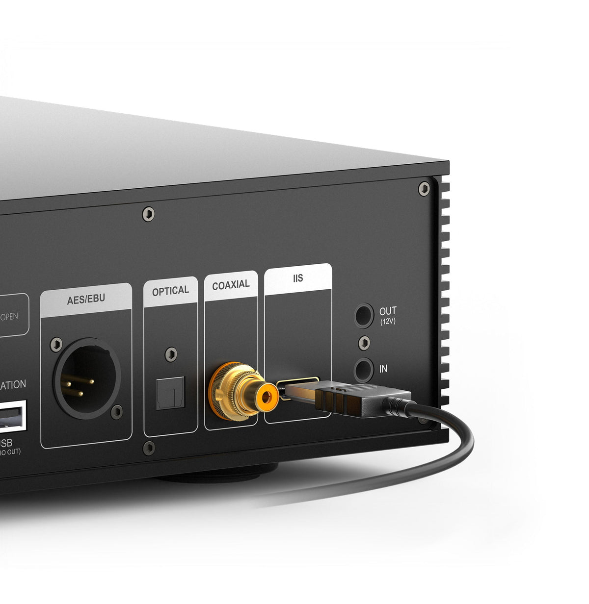 Eversolo T8 music streamer showing front display and sleek design, connected to audio equipment for high-quality streaming.