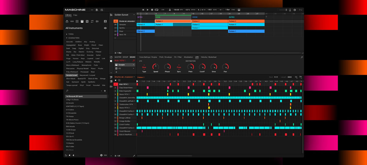 Native Instruments Maschine 3 music production software bundle with hardware controller and software interface.