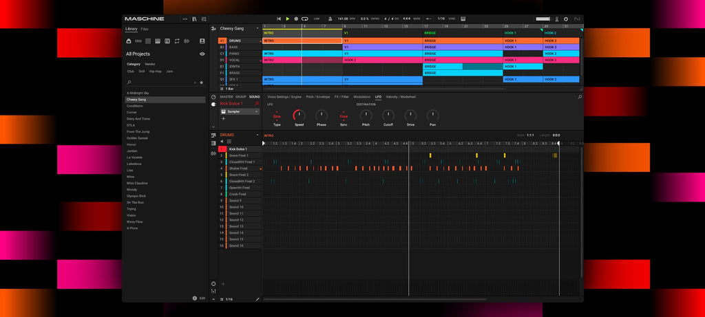 Native Instruments Maschine 3 music production software bundle interface showing pads, controls, and digital workspace.