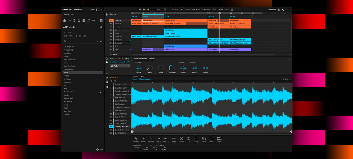 Native Instruments Maschine 3 Bundle music production software with sampler interface and control pads for music creation.