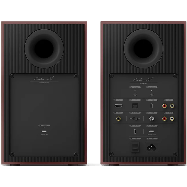 KEF Coda W active bookshelf speakers with sleek black finish and compact design, featuring drivers and control panel visible.