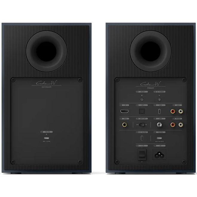 KEF Coda W active bookshelf speakers with sleek black finish and modern design, featuring drivers and control panels on the front.