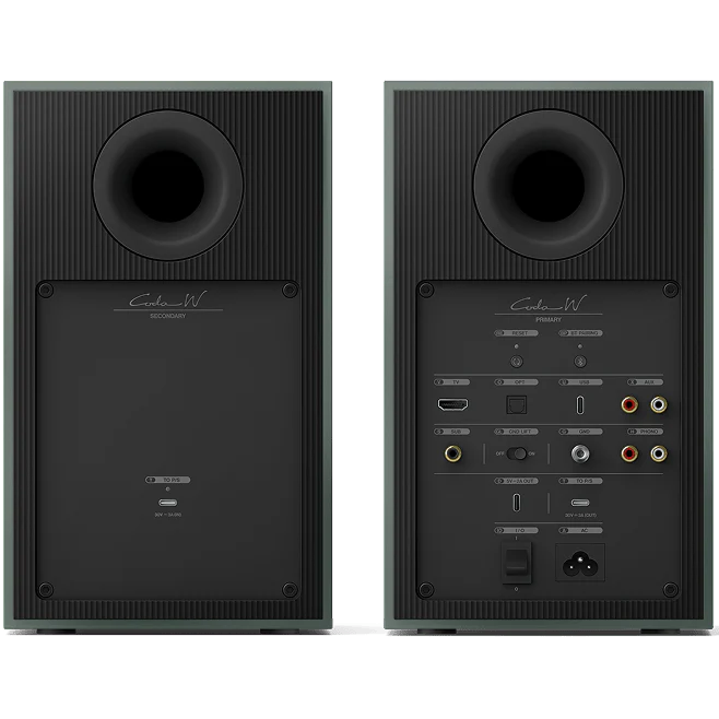 KEF Coda W active bookshelf speakers with sleek black finish and modern design, showcasing their compact, high-quality audio speakers.