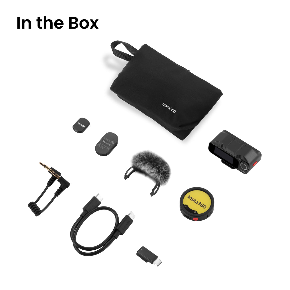 Insta360 Mic Pro 1TX + 1RX in the box: transmitter, receiver, pouch and accessories