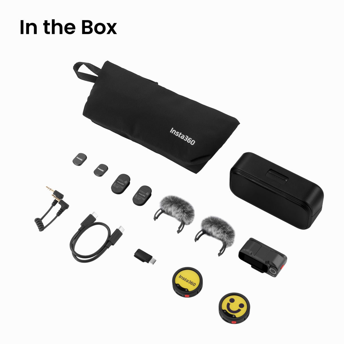 Insta360 Mic Pro 2TX + 1RX in the box: transmitters, receiver, charging case and accessories