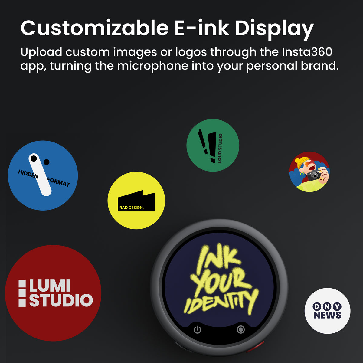 Insta360 Mic Pro transmitter with customisable colour E-ink display