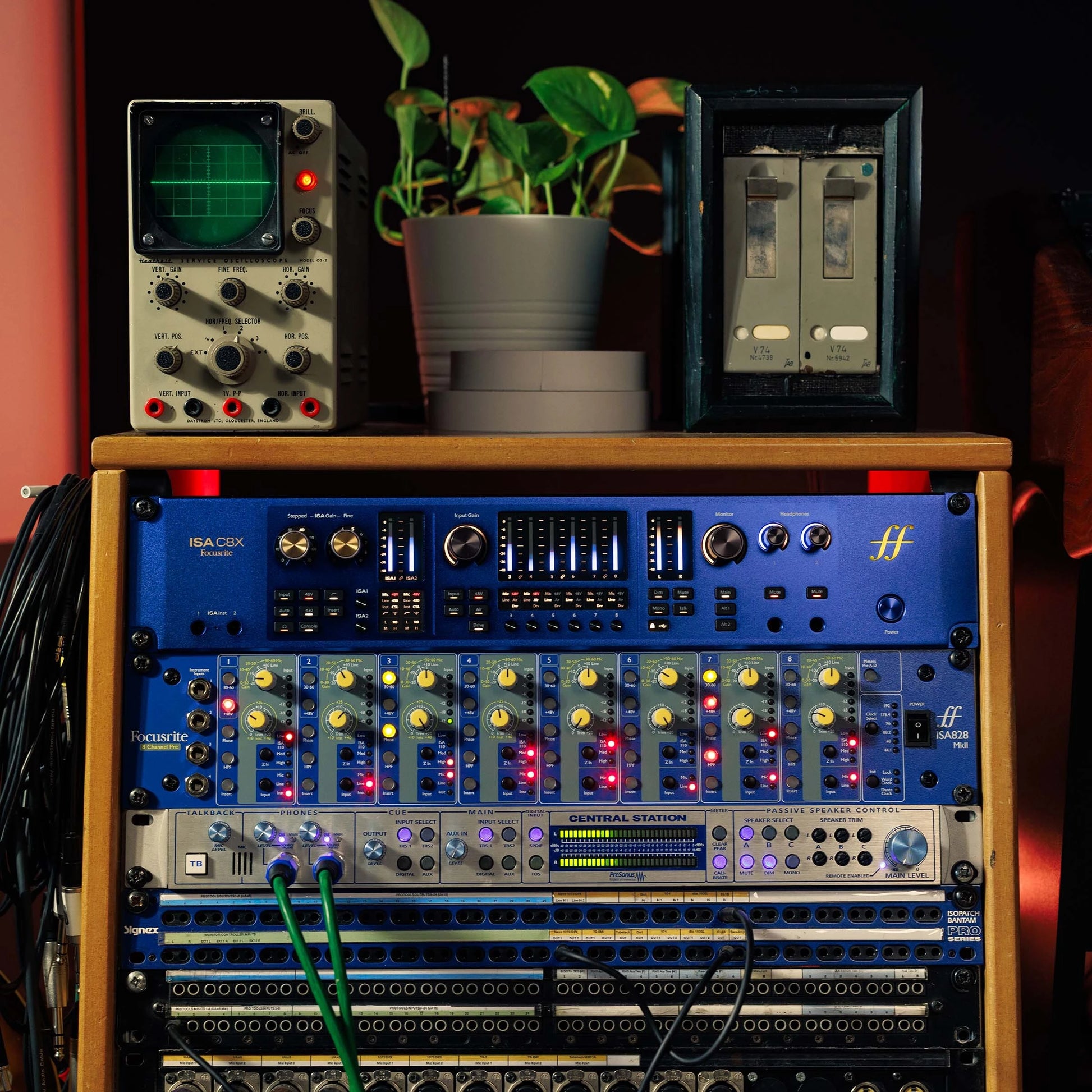 Focusrite ISA C8X USB audio interface with multiple input and output ports, compact design, and professional audio equipment features.