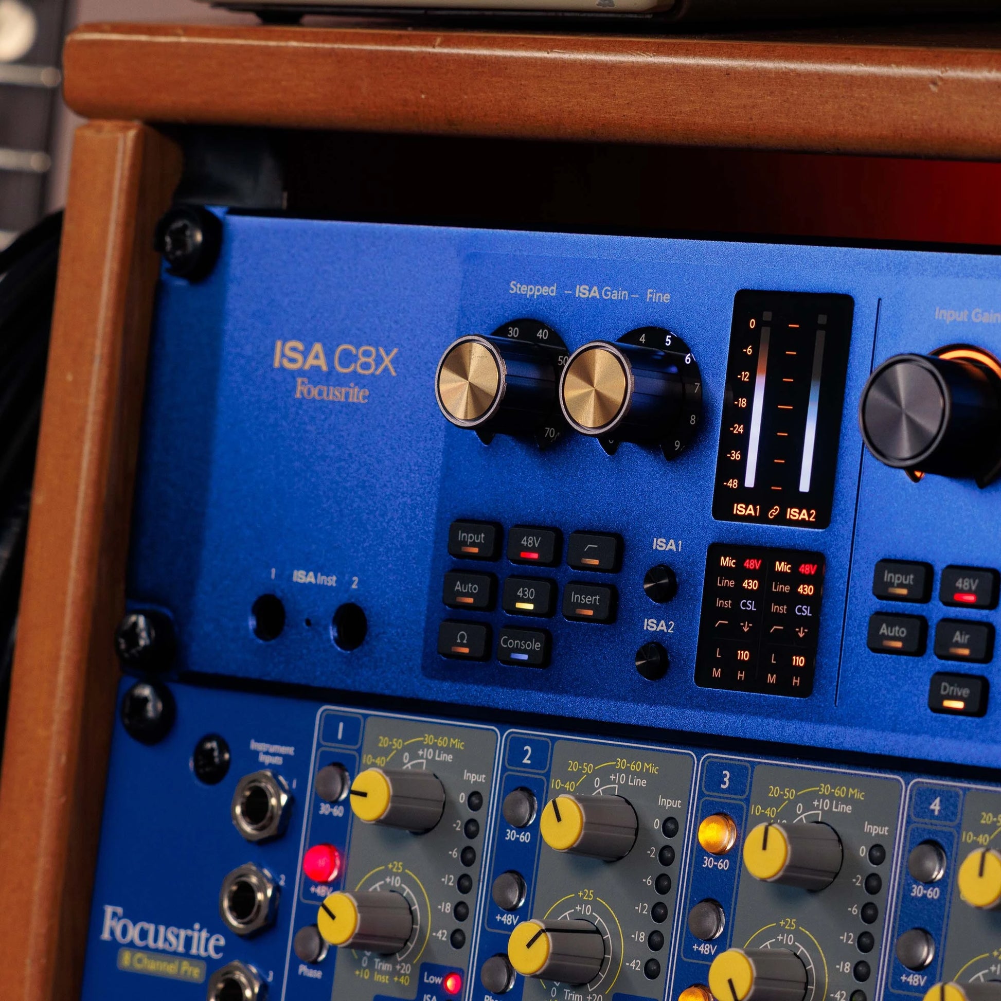 Focusrite ISA C8X USB audio interface with multiple input and output jacks, compact design, and professional-grade audio components.