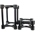 IsoAcoustics ISO-155 studio monitor stands with sleek black design, sturdy construction, and adjustable height for optimal speaker positioning.