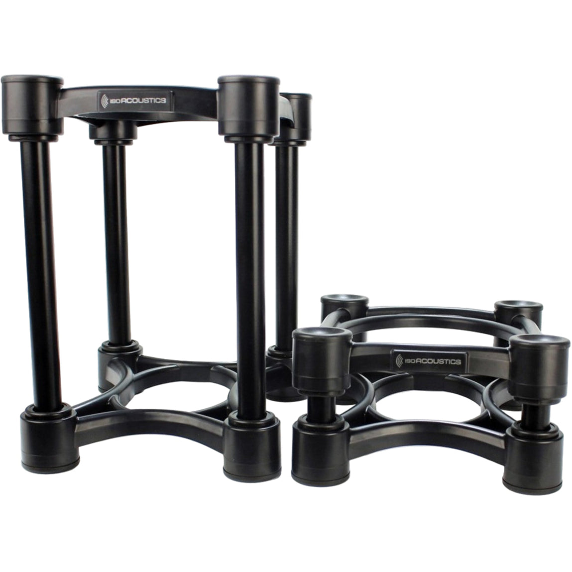 IsoAcoustics ISO-155 studio monitor stands with sleek black design, sturdy construction, and adjustable height for optimal speaker positioning.