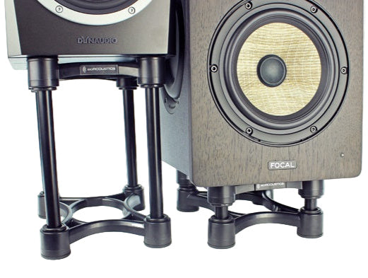 IsoAcoustics ISO-155 studio monitor stands with sleek design and adjustable height for optimal speaker positioning.
