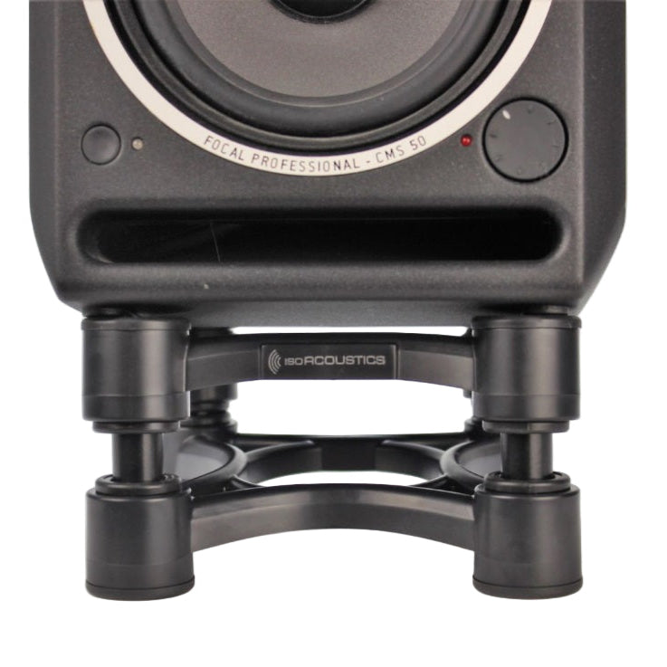 IsoAcoustics ISO-155 studio monitor stands with adjustable height and sturdy design for optimal speaker placement.