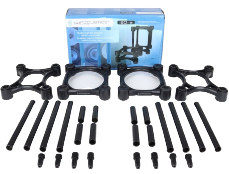 IsoAcoustics ISO-155 studio monitor stands with sleek black design, adjustable height, and sturdy construction for optimal speaker positioning.