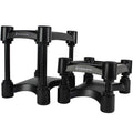 IsoAcoustics ISO-130 Studio Monitor Stands supporting audio monitors with sleek black design and adjustable height.