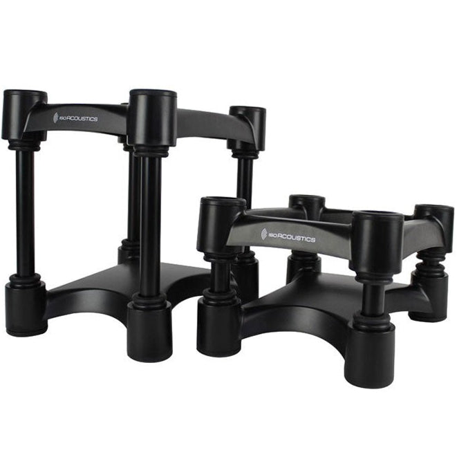 IsoAcoustics ISO-130 Studio Monitor Stands supporting audio monitors with sleek black design and adjustable height.