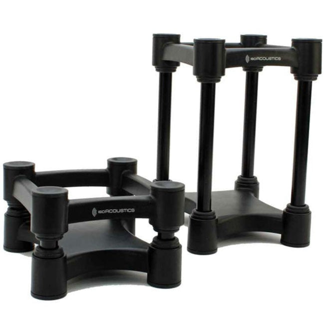 IsoAcoustics ISO-130 studio monitor stands with sleek black finish, designed to elevate and isolate audio speakers effectively.