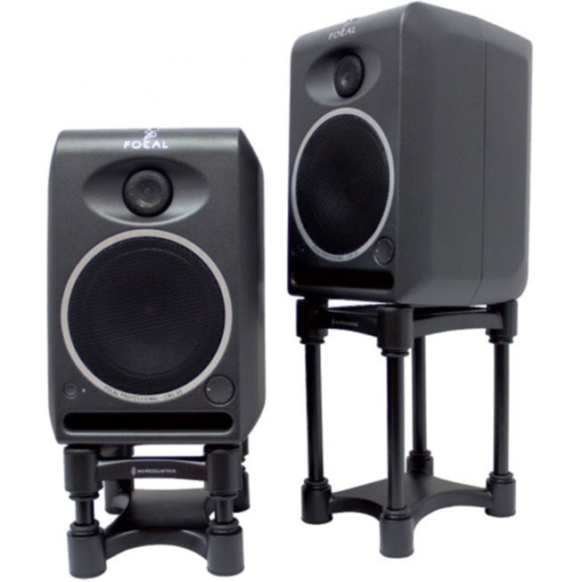IsoAcoustics ISO-130 studio monitor stands with sleek design and adjustable height for optimal speaker positioning.