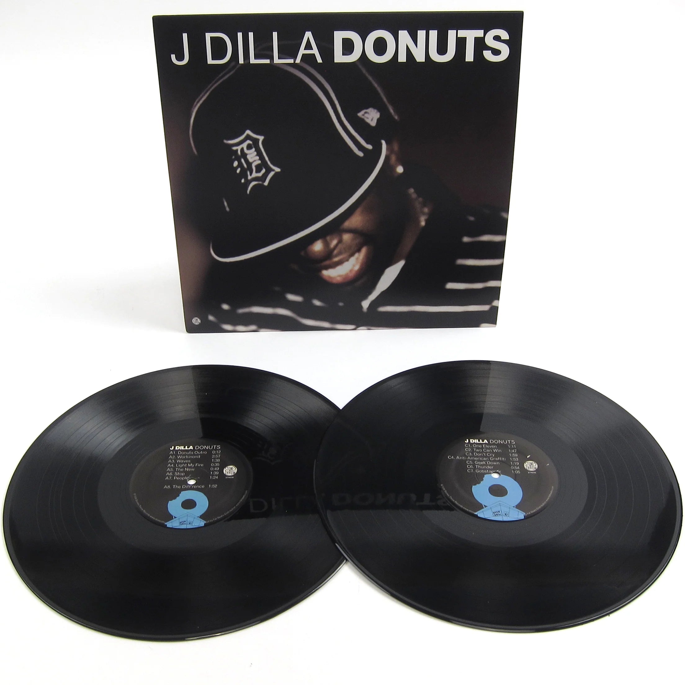Black vinyl 2LP of J Dilla's Donuts album, featuring Hip-hop, Rap, and Trap music, released by Stones Throw Records.