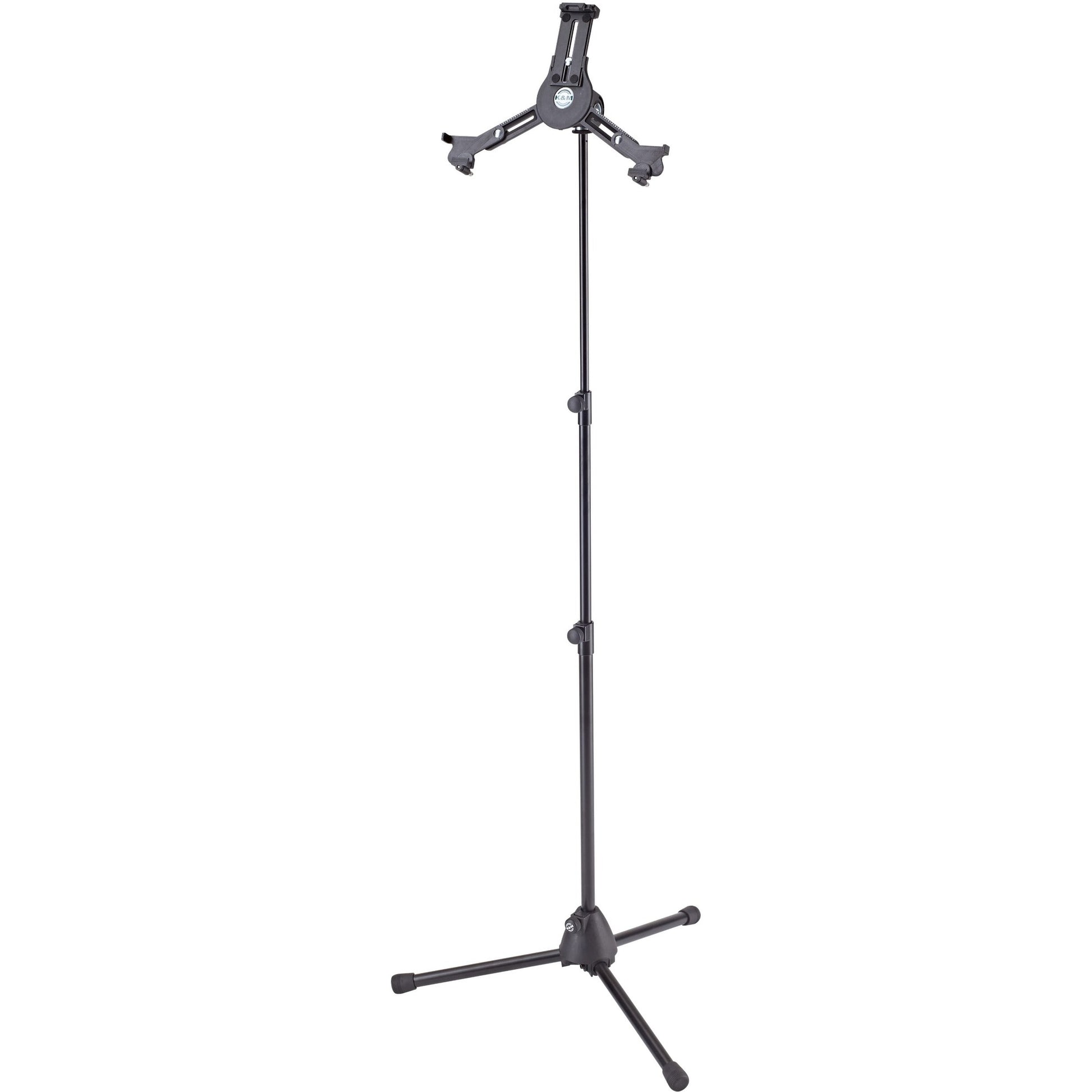 K&M 19793 multimedia microphone stand with adjustable arm and sturdy base for professional audio and recording setups.