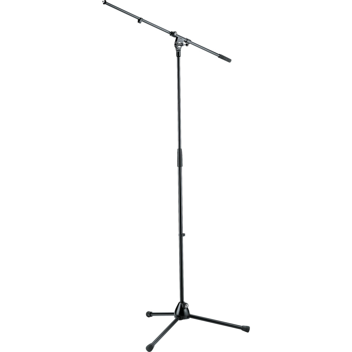 Black K&M 210/2 floor microphone stand with adjustable height and secure base for professional audio setups.