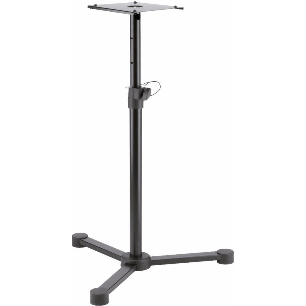 K&M 26720 Studio Monitor Stands supporting speakers with adjustable height and sturdy metal construction.