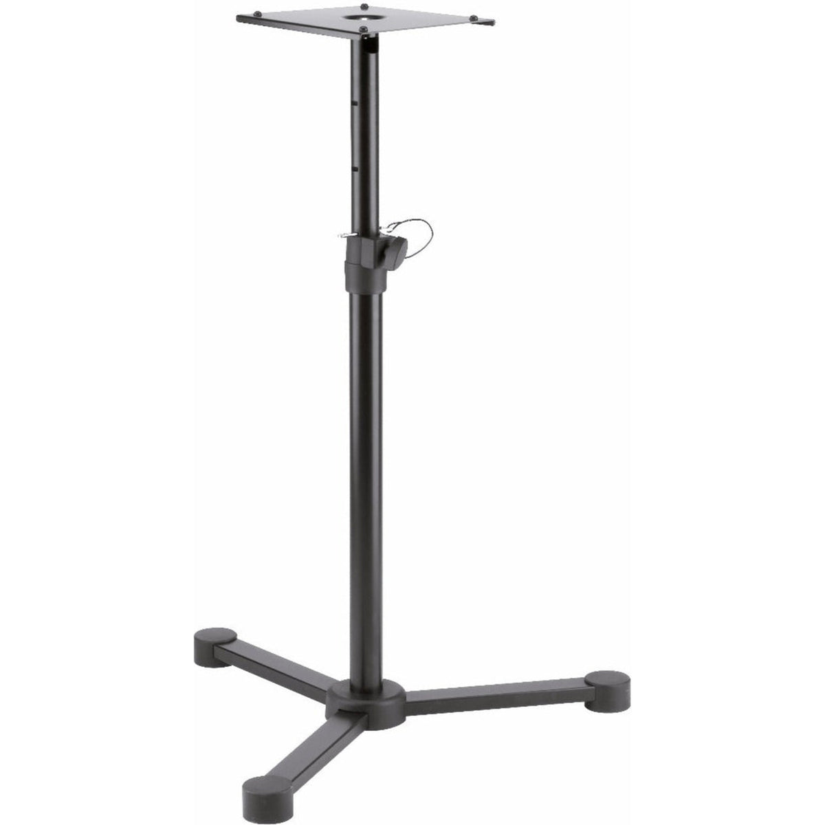 K&M 26720 Studio Monitor Stands supporting speakers with adjustable height and sturdy metal construction.