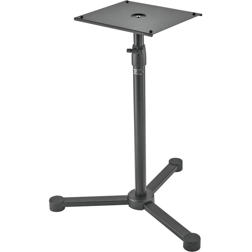 K&M 26722 Studio Monitor Stand holding professional speakers, with adjustable height and sturdy metal construction.
