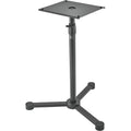 K&M 26722 Studio Monitor Stand holding professional speakers, with adjustable height and sturdy metal construction.