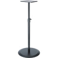 K&M 26740 studio monitor stands with adjustable height and sturdy black metal construction for audio setup.
