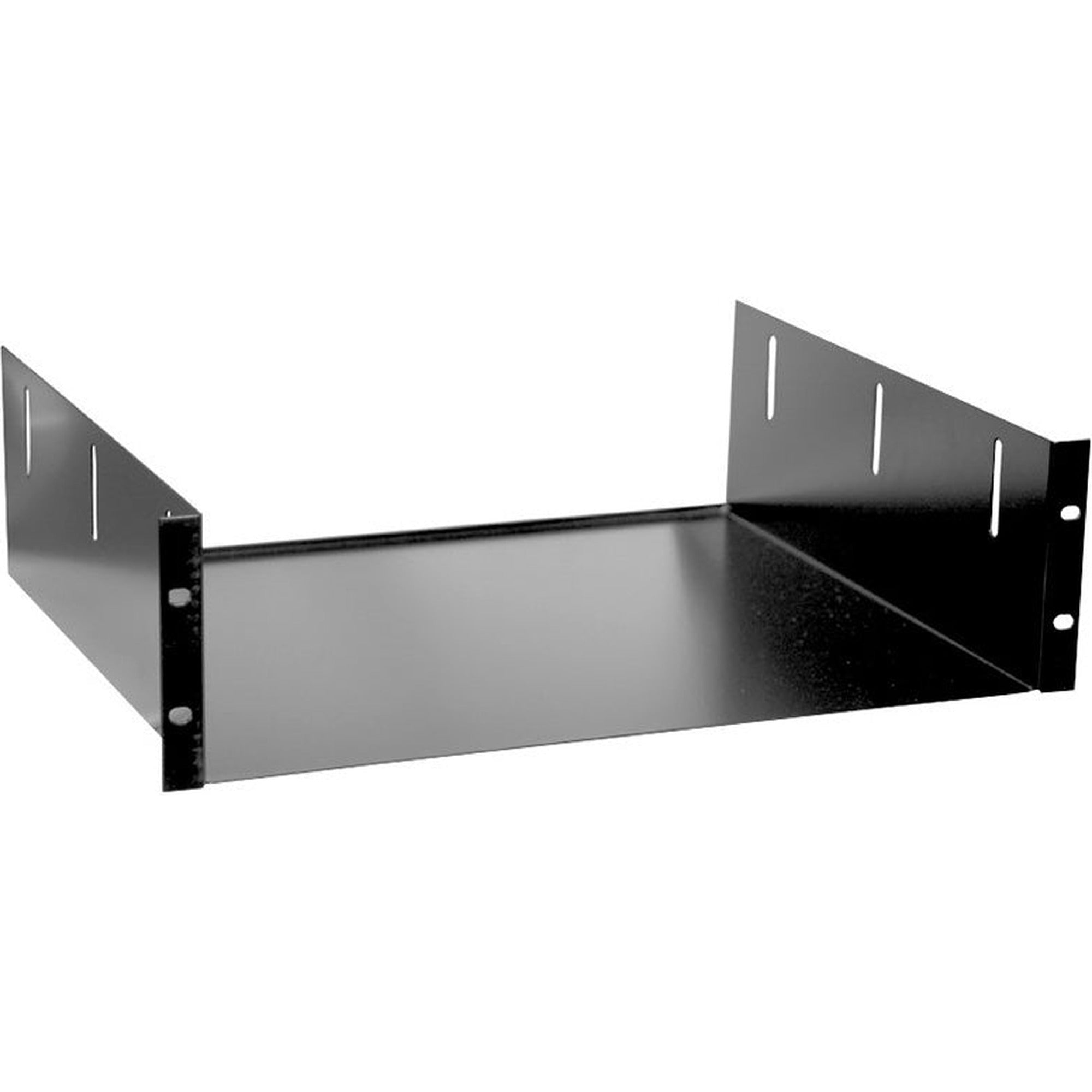 K&M 28483 19-inch 3U rack shelf installed in a professional audio equipment rack, designed for supporting audio and DJ gear