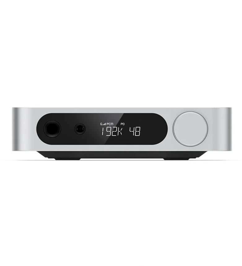 FiiO K11 silver headphone amplifier and DAC with front view showing controls and ports on a sleek, modern device.