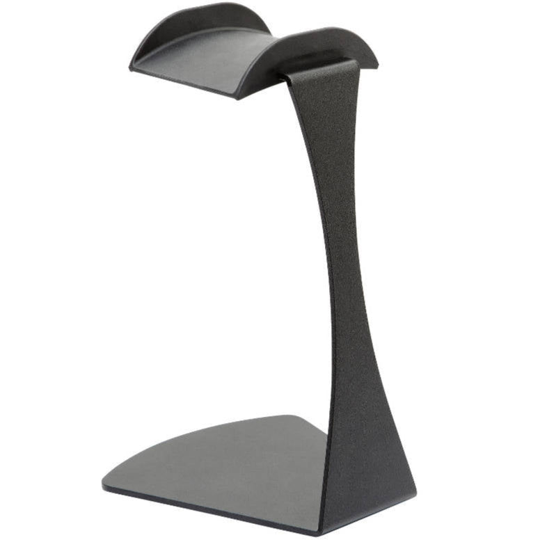 K&M 16075 headphone stand displaying a sleek black design with adjustable support for headphones.