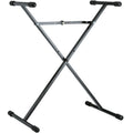 K&M 18962 keyboard stand showing adjustable metal frame with padded supports for securing a keyboard during performance or practice.