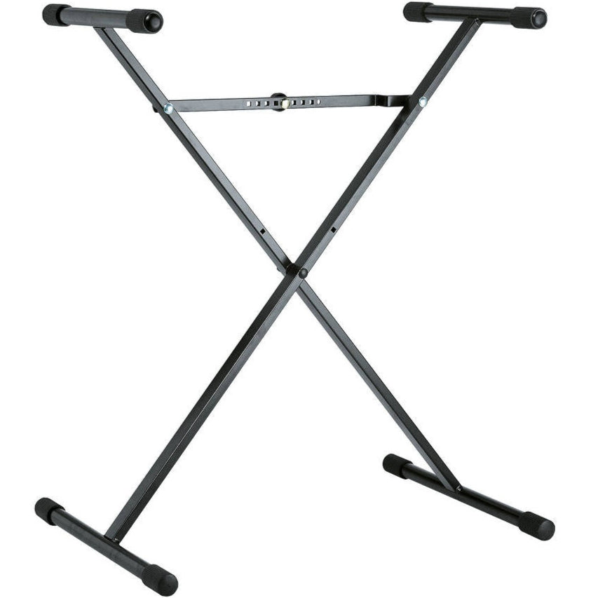 K&M 18962 keyboard stand showing adjustable metal frame with padded supports for securing a keyboard during performance or practice.