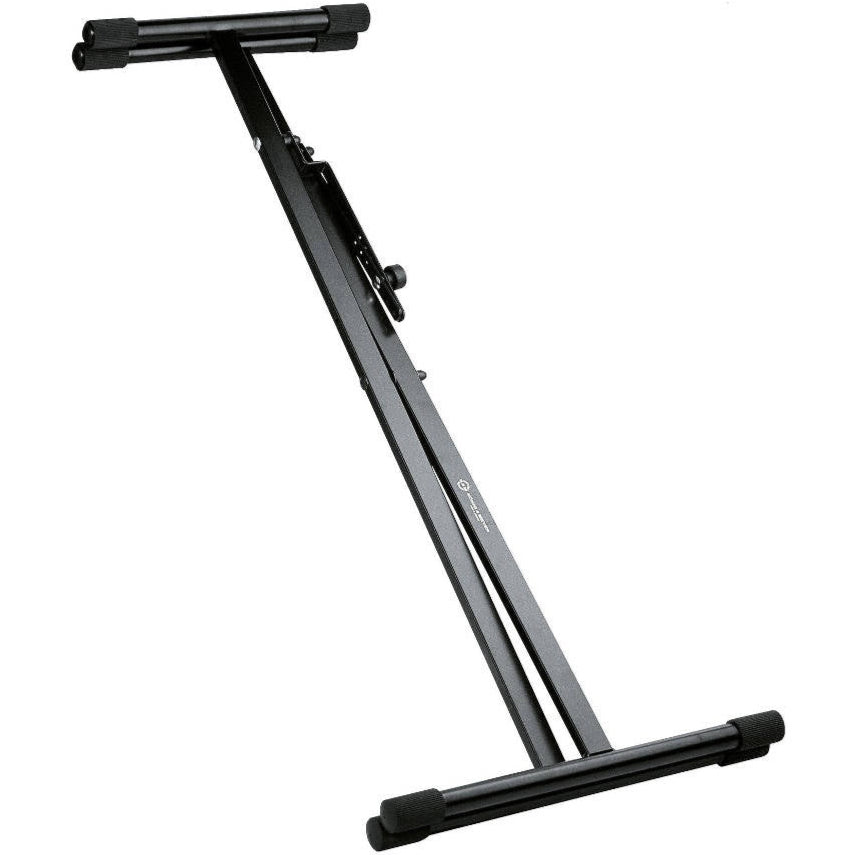 K&M 18962 keyboard stand showing adjustable metal frame and support bars for secure instrument placement