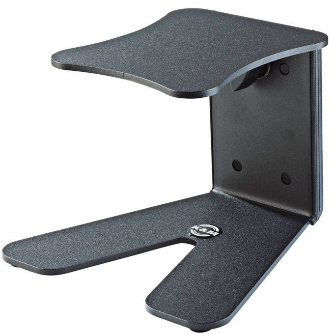K&M 26772 studio monitor stands holding speakers, with adjustable height and sturdy metal construction for optimal audio setup.